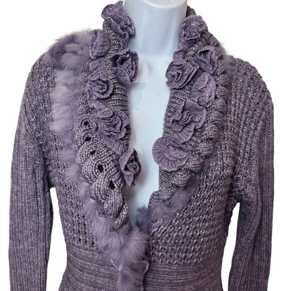 Sioni Purple Wool Blend Rabbit Fur Trim Floral Cozy Knit Cardigan Holiday M - Picture 3 of 12